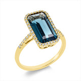 Ring 18 kt GG, 48 Brill. 0,20 ct, TW-si, 1 Topas 5,00 ct Lond. blue