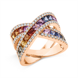 Ring 18 kt RG, 82 Brill. 0,76 ct, TW-si, 19 Saphire 3,55 ct fancy
