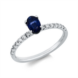 Ring 18 kt WG, 14 Brill. 0,18 ct, F-si, 1 Saphir 0,50 ct blau