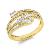 Ring 18 kt GG, 1 Bag. 0,06 ct, 1 Nav. 0,10 ct, 2 Tropfen 0,22 ct, 70 Brill. 0,35 ct, TW-si