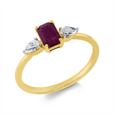 Ring 18 kt GG, Fassung rhodiniert, 2 Tropfen 0,20 ct, TW-si, 1 Rubin 0,75 ct rot