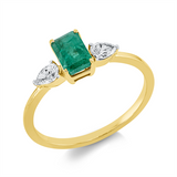 Ring 18 kt GG, Fassung rhodiniert, 2 Tropfen 0,20 ct, TW-si, 1 Smaragd 0,75 ct grün