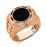 Ring 18 kt RG, 9 Brill. 0,05 ct, TW-si, 1 Onyx 1,73 ct schwarz, 24 Saphire 0,44 ct fancy