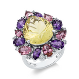 Ring 18 kt WG, 18 Brill. 0,36 ct, W-pi,6 Am 1,89ct lila,1 Lemonquarz 8,72ct grün,6 Turmalin 2,19ct pink