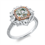 Ring 18 kt WG+RG,112  Fant-Schl 1,35 ct, F-vsi, 1 Cushion 1,74 ct, grün, 26 Brill. 0,10 ct, pink