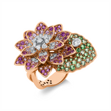 Ring 18 kt RG+WG, 29 Brill. 0,44 ct, TW-vsi, 75 Saphire 1,43 ct pink, 10 Saphire 0,15 ct gelb, 39 Tsavorith 0,90 ct grün