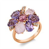 Ring 18 kt RG, 9 Brill. 0,08 ct, TW-si, 4 Turmalin 1,20ct, 4 Amethyste 2,20ct pink, 2 Quarz 1,80ct rosa