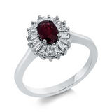Ring 18 kt WG, 16 Trap. 0,44 ct, F-vsi, 1 Rubin 0,62 ct rot