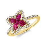 Ring 14 kt GG, 46 Brill. 0,32 ct, TW-si, 1 Rubin 0,06 ct rot, 4 Rubine 0,74 ct rot