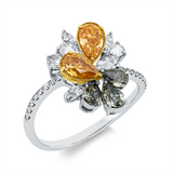 Ring 18 kt WG+GG, 3 Nav. 0,10 ct, TW-si, 4 Pear Rose 0,29 ct, TW-si, 17 Brill. 0,08 ct, TW-si, 2 Tropfen 0,74 ct, orange, 3 Tropfen 0,43 ct, grün