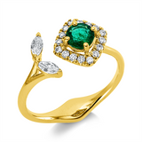 Ring 18 kt GG, 16 Brill. 0,14 ct, TW-si/pi, 2 Nav. 0,16 ct, TW-si/pi, 1 Smaragd 0,37 ct grün