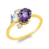 Ring 18 kt GG, 1 Brill. 0,10 ct, 1 Brill. 0,05 ct, TW-si, 1 Amethyst 1,13 ct lila, 1 Aquamarin 0,23 ct blau