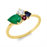 Ring 18 kt GG, 1 Brill. 0,21 ct, TW-si, 1 Saphir 0,17 ct blau, 1 Smaragd 0,76 ct grün, 1 Rubin 0,07 ct rot