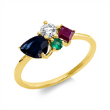 Ring 18 kt GG, 1 Brill. 0,19 ct, TW-si, 1 Rubin 0,21 ct rot, 1 Saphir 0,80 ct blau, 1 Smaragd 0,06 ct grün