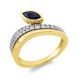 Ring 14 kt GG+WG, 27 Brill. 0,33 ct, W-si/pi, 1 Saphir 0,38 ct blau