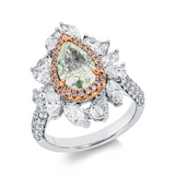 Ring 18 kt, 1 Tropfen 2,10 ct, grün-vs1, 60  Fant-Schl 2,51 ct, TW-si, 27 Brill. 0,14 ct, pink