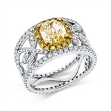 Ring 18 kt WG+GG, 1 Cushion 1,26 ct, gelb-vs2, 112 Brill. 0,90 ct, F-si, 18 Brill. 0,11 ct, gelb