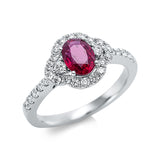 Ring 18 kt WG, 2 Brill. 0,06 ct, TW-vsi, 28 Brill. 0,38 ct, TW-vsi, 1 Rubin 0,86 ct rot