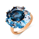 Ring 18 kt RG,1 Brill.0,04ct,TW-si,3 Topa 2,40ct blau, 3 Topa 6,20ct Lond. blue, 3 Topa 2,50ct sky blue