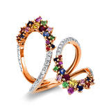 Ring 18 kt RG+WG, 36 Brill. 0,42 ct, 4 Tsavorith 0,12 ct, 4 Rubine 0,14 ct, 24 Saphire 0,69 ct multicolor