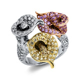 Ring 18 kt WG+GG+RG, 129 Brill. 1,71 ct, TW-vsi, 71 Saphire 1,10 ct pink, 71 Saphire 1,10 ct gelb