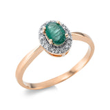 Ring 18 kt RG, Fassung rhodiniert, 16 Brill. 0,10 ct, TW-si, 1 Smaragd 0,42 ct grün