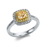Ring 18 kt WG+GG, 38 Brill. 0,21 ct, TW-si, 18 Brill. 0,11 ct, gelb, 1 Cushion 0,81 ct, gelb