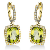 Ohrschmuck 18 kt GG, 64 Brill. 0,30 ct, TW-si, 2 Peridot 6,70 ct grün