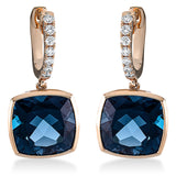 Ohrschmuck 18 kt RG, 14 Brill. 0,21 ct, TW-si, 2 Topase 10,50 ct Lond. blue