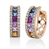Creolen 14 kt RG, 64 Brill. 0,39 ct, TW-si, 2 Rubine 0,17 ct rot, 14 Saphire 1,18 ct fancy