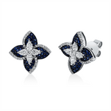 Ohrstecker 18 kt WG, Fassung teils schwarz rhodinie, 8 Tropfen 0,61 ct, F-vsi, 66 Brill. 0,24 ct, F-vsi, 80 Saphire 0,60 ct blau