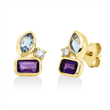 Ohrstecker 18 kt GG, 2 Brill. 0,07 ct, TW-si, 2 Amethyste 0,51 ct lila, 2 Aquamarin 0,79 ct blau
