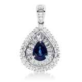 Anhänger 18 kt WG, mit Öse, 26 Bag. 0,52 ct, TW-si, 21 Brill. 0,45 ct, TW-si, 1 Saphir 0,71 ct blau