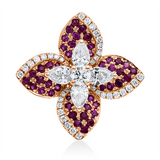 Anhänger 18 kt RG, 4 Tropfen 0,55 ct, F-vsi, 37 Brill. 0,25 ct, F-vsi, 44 Rubine 0,44 ct rot