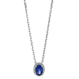 Collier 18 kt WG, mit ZÖ 40 cm + 43 cm, 16 Brill. 0,08 ct, TW-si, 1 Saphir 0,58 ct blau