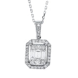 Collier 14 kt WG, mit Öse, 4 Brill. 0,06 ct, F-si, 2 Brill. 0,07 ct, F-si, 3 Bag. 0,30 ct, F-vsi, 30 Brill. 0,24 ct, F-si