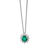 Collier 18 kt WG, mit ZÖ 42 cm, 12 Brill. 0,32 ct, F-vsi/si, 1 Smaragd 0,59 ct grün