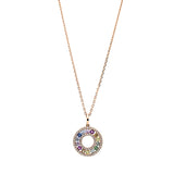 Collier 18 kt RG, mit ZÖ, 60 Brill. 0,21 ct, TW-si, 13 Saphi 0,65 ct multicolor, 1 Tsav 0,05 ct grün