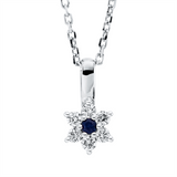 Collier 18 kt WG, mit ZÖ 42 cm, 6 Brill. 0,08 ct, TW-si, 1 Saphir 0,02 ct blau
