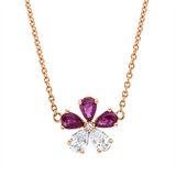 Collier 18 kt RG, 2 Tropfen 0,44 ct, TW-si, 1 Brill. 0,01 ct, TW-si, 3 Rubine 0,59 ct rot