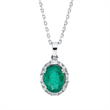 Collier 18 kt WG, mit Öse, 4 Bag. 0,05 ct, F-vsi, 12 Brill. 0,09 ct, F-si, 1 Smaragd 0,97 ct grün