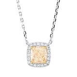 Collier 18 kt WG+GG, mit ZÖ 40,6 cm, 20 Brill. 0,19 ct, TW-si, 1 Cushion 2,02 ct, gelb