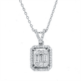 Collier 14 kt WG, mit Öse, 6 Brill. 0,07 ct, F-si, 3 Bag. 0,10 ct, F-vsi, 39 Brill. 0,12 ct, F-si