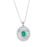 Collier 18 kt WG, mit Öse, 30 Trap. 0,92 ct, F-vsi, 58 Brill. 0,58 ct, F-si, 1 Smaragd 0,84 ct grün